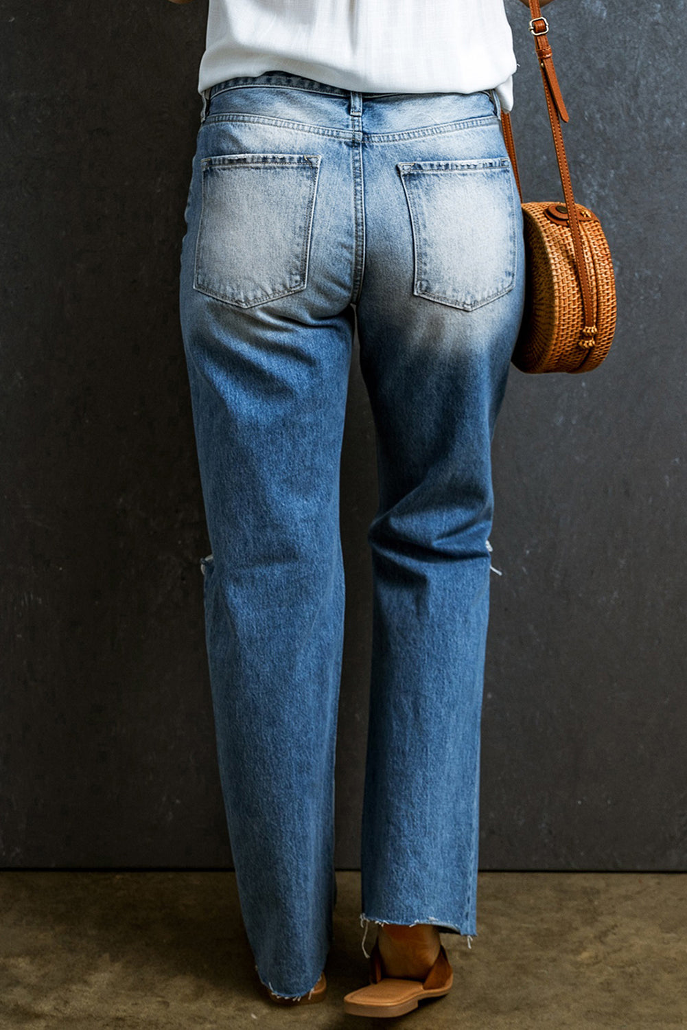 Light Blue Distressed Holes Raw Edge Straight Jeans