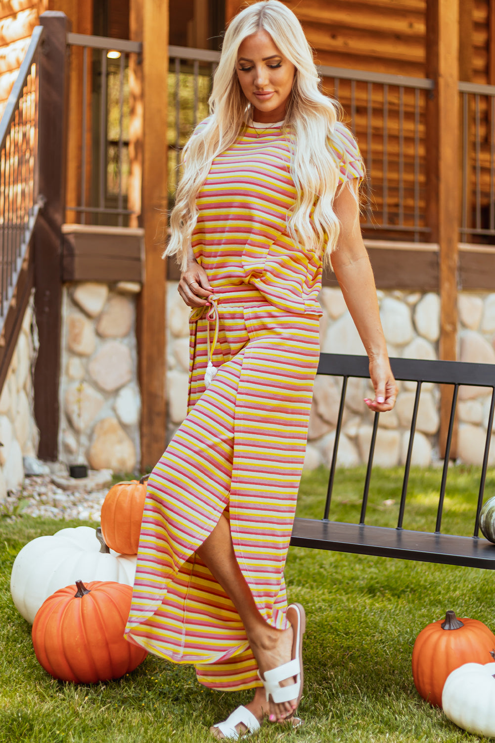 Wide leg pants set with yellow striped rainbow t-shirt and fringed string