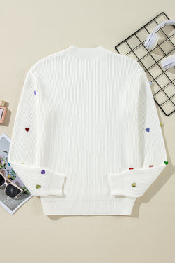 Beige Sequin Heart Waffle Knit Crew Neck Sweater