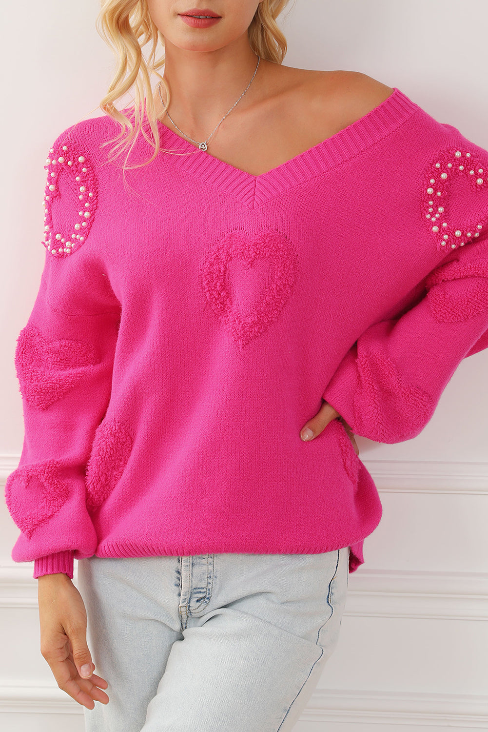 Rose Red Pearl abbellito Fuzzy Hearts v Neck Miciter