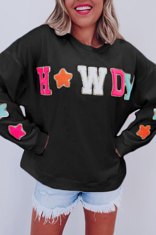 Schwarz Howdy Glitter Chenille Patch Grafik Casual Sweatshirt