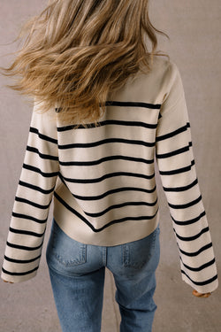 Black striped button cardigan with flap pocket