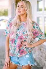 High fluid with short sleeves printed Bohemian multicolored flowers