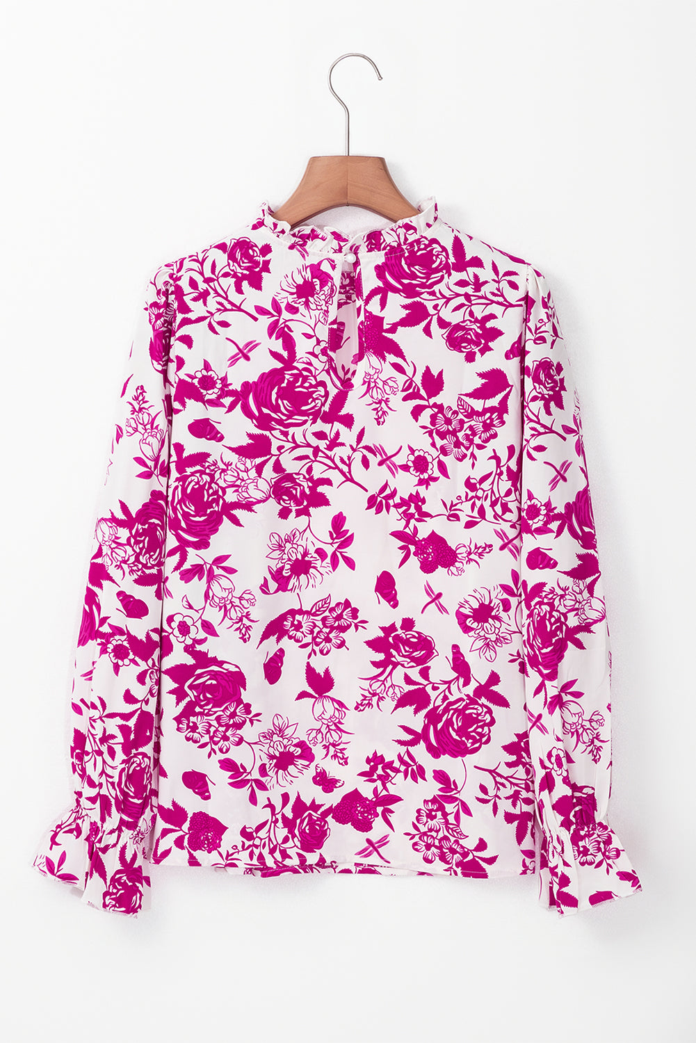 Chemisier rose à imprimé floral et manches à volants avec trou de serrure dans le dos-A WOMAN WE LOVE
