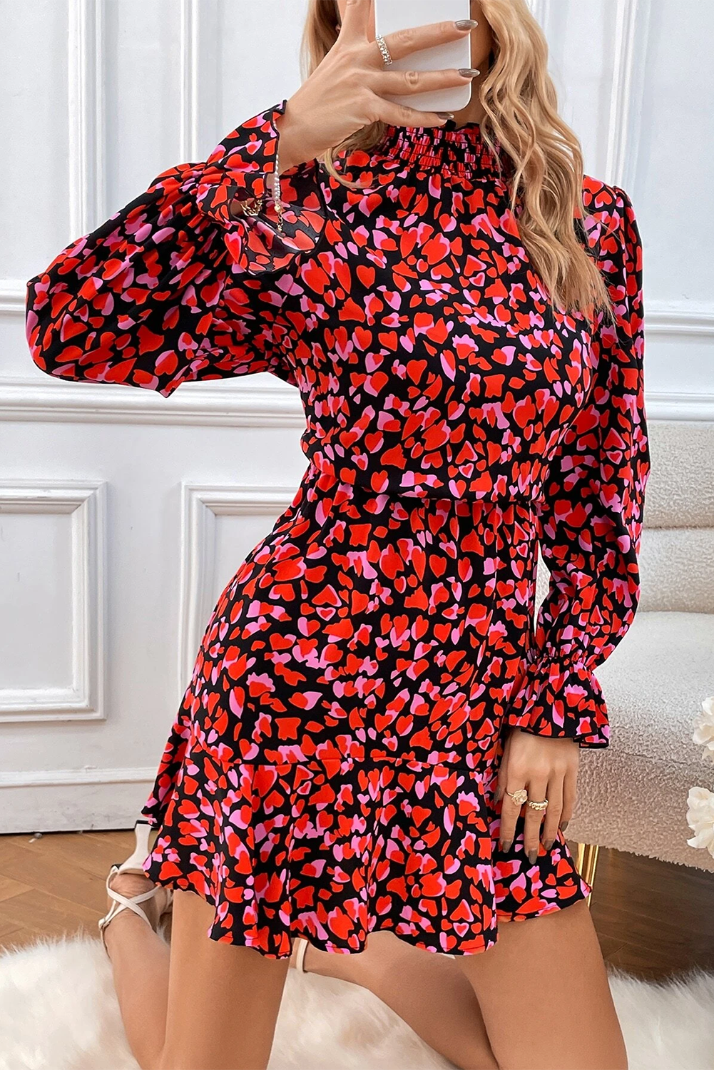 Red Valentines Day Heart Form Print Langarm Mini Kleid