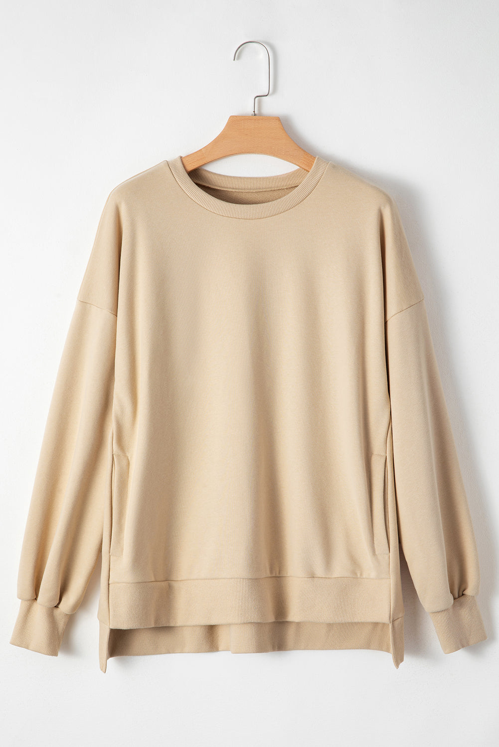 Plain Parchment Crew Neck Sweatshirt with High Low Hem