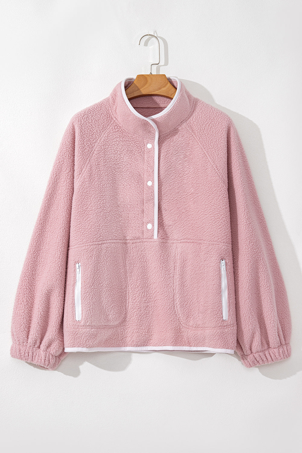 Sweat-shirt en peluche Fushia à col montant et poche zippée à demi-bouton