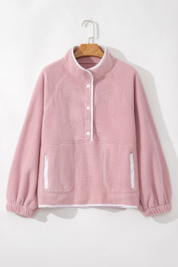 Fushia Plush Sweatshirt with Stand-Up Collar and Half-Button Zip Pocket