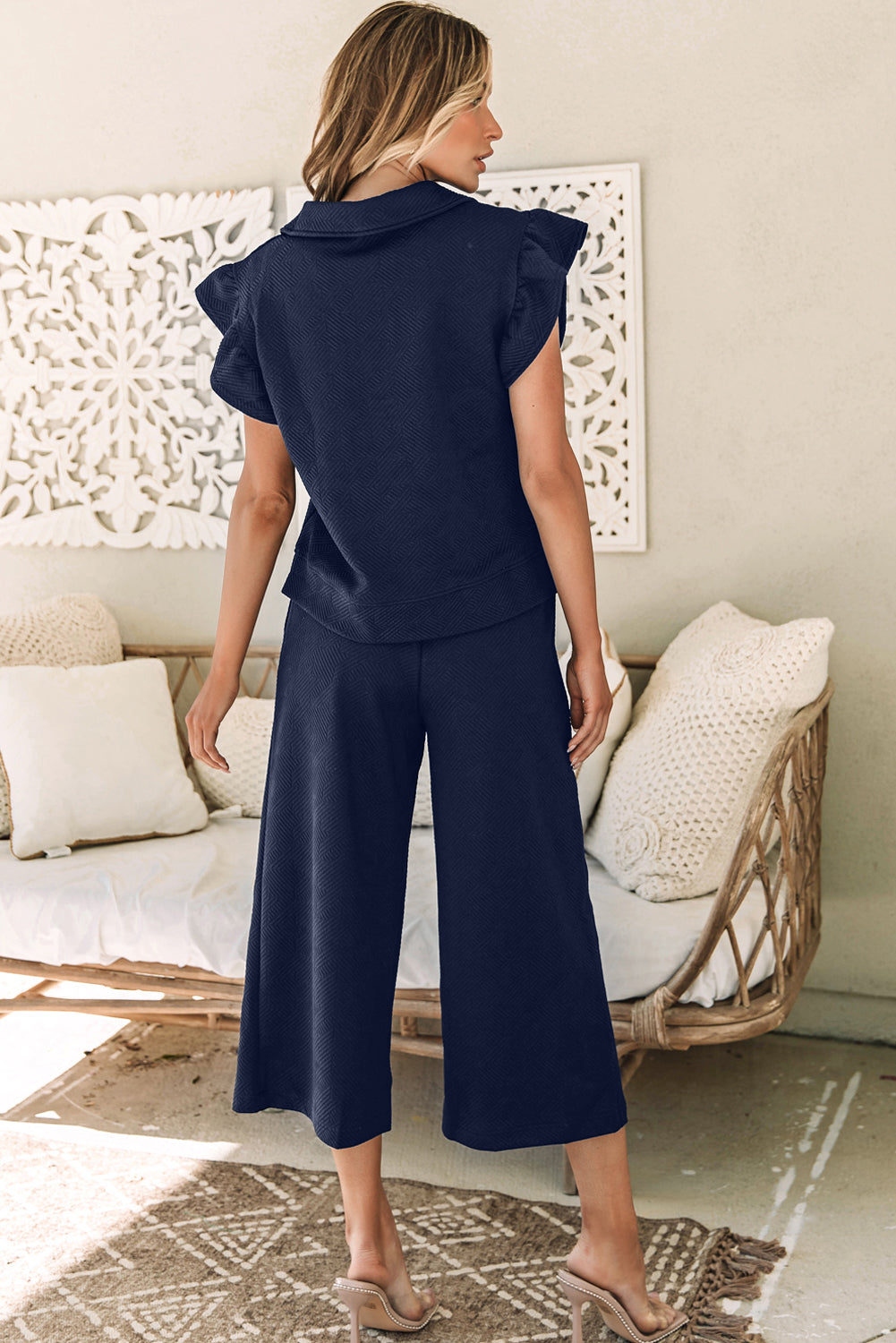 Navy Blue Textured Flutter Sleeve Top Wide Leg Pants Set