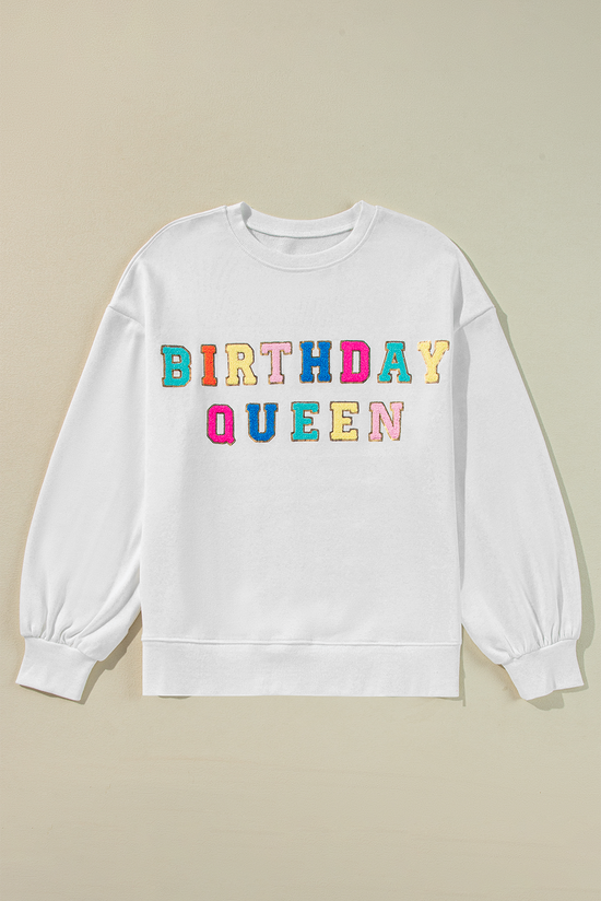 Sudadera de manga de balón blanco y estampado de reina de cumpleaños