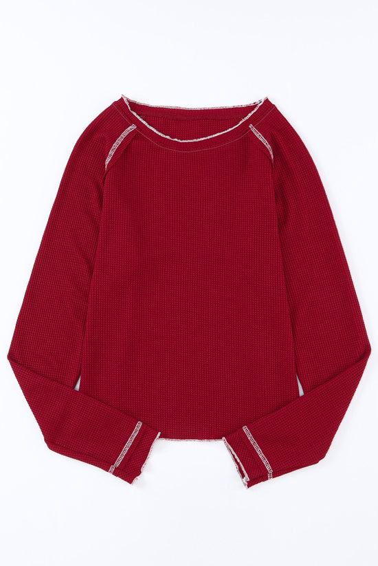 Long -sleeved textured high and bright red round neck *