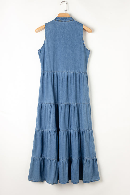 Long blue dress in Chambray on several sleeveless levels