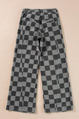 Dark Grey Plaid Denim Wide Leg Jeans