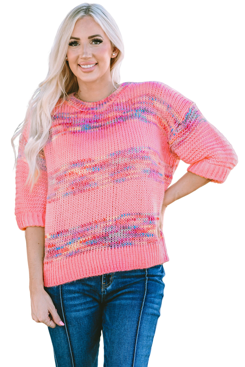 Rose Bunte Streifen 3/4 Ärmel loser Pullover