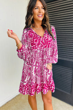 Boho Print Pink Tie V-Neck Puff Sleeve Flared Mini Dress