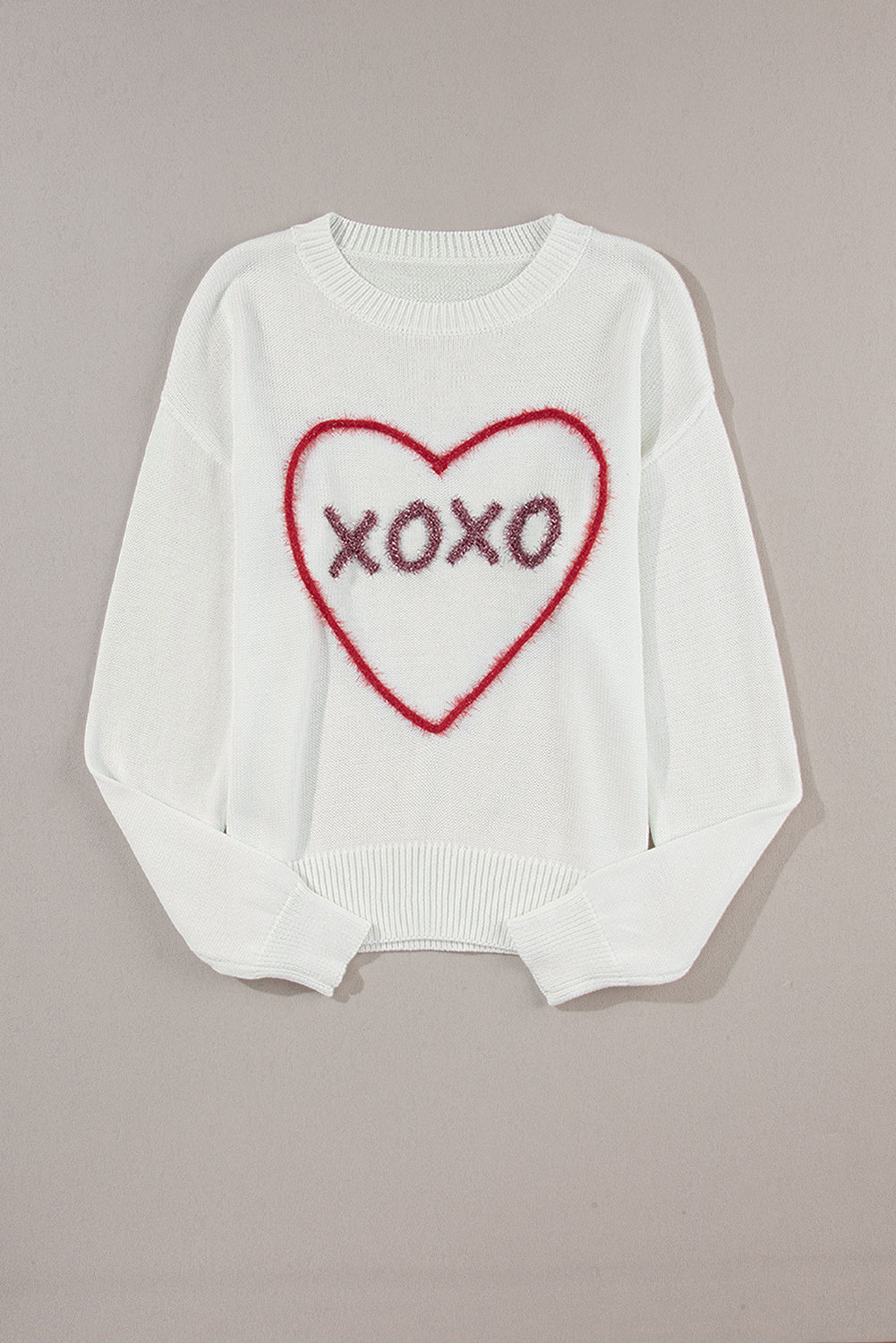 Weißes Herz Xoxo Muster Drop Schulterrippenstrickpullover