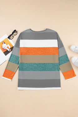 Plus Size Green Striped Colorblock Sweater Top