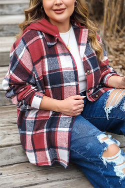 Veste à capuche boutonnée à carreaux imprimée grande taille rouge