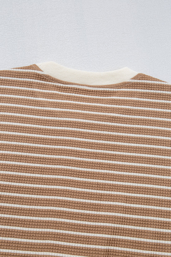 Khaki Textured Striped Crew Neck Long Sleeve Top with Patched Edges