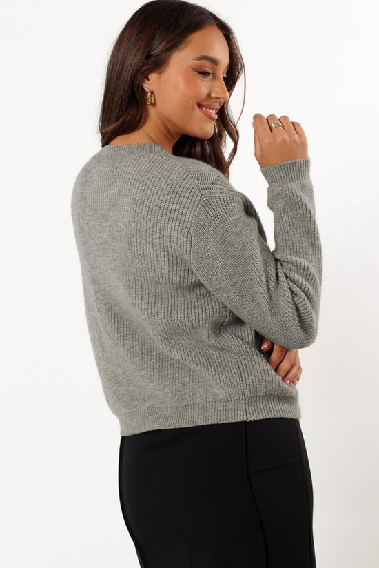 Philippine Grey Ribbed Knit Button-Up Cardigan with Knot Front