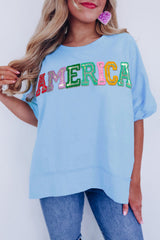 Pastel embroidered graphics t-shirt Mist Blue Sparkle America