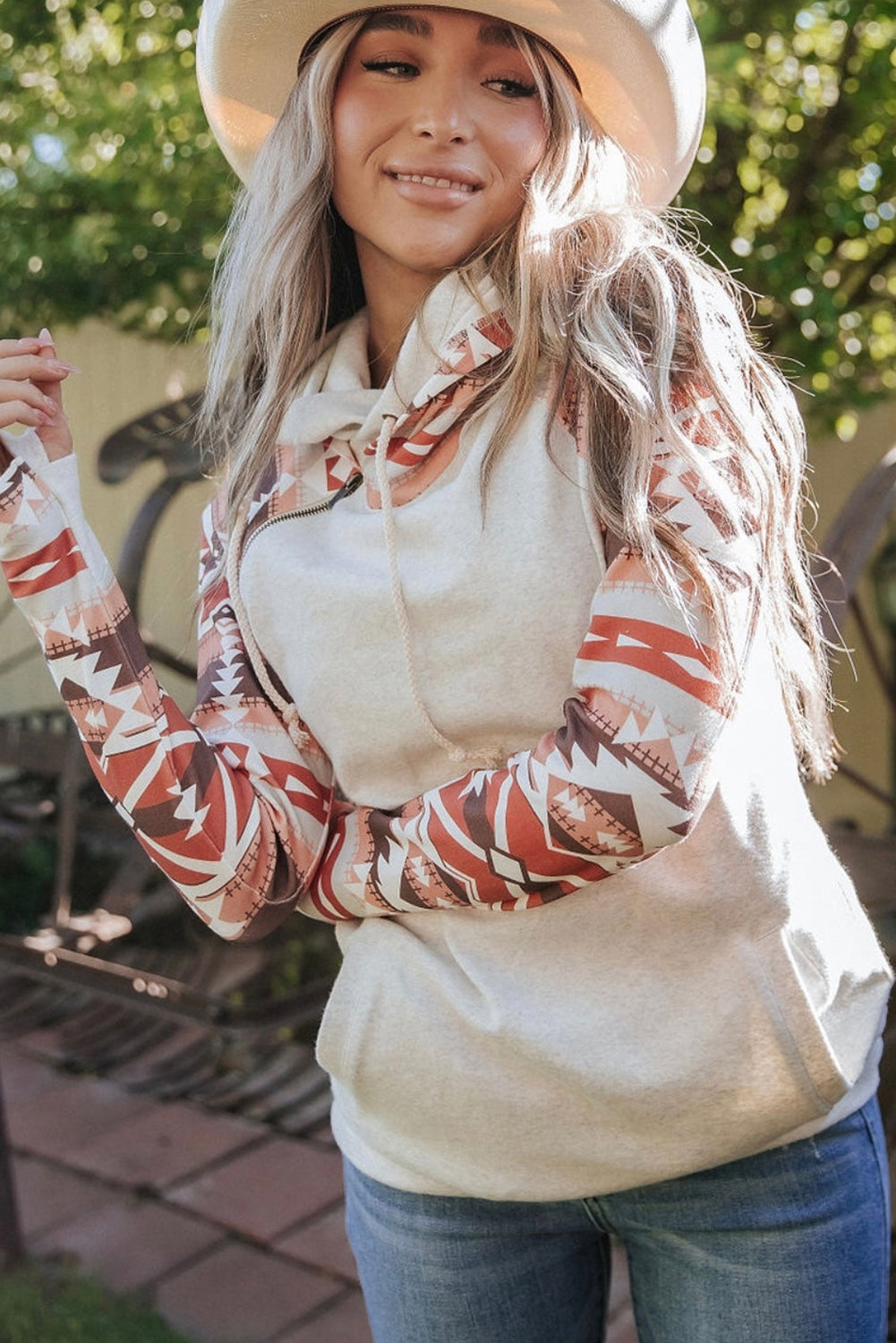 Western Aztec Print Patchwork Double Hood Hoodie