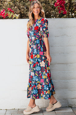 Retro green floral print split neck maxi dress