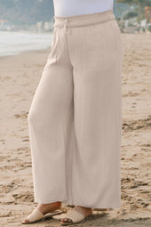 Pantalon large taille haute smocké beige grande taille