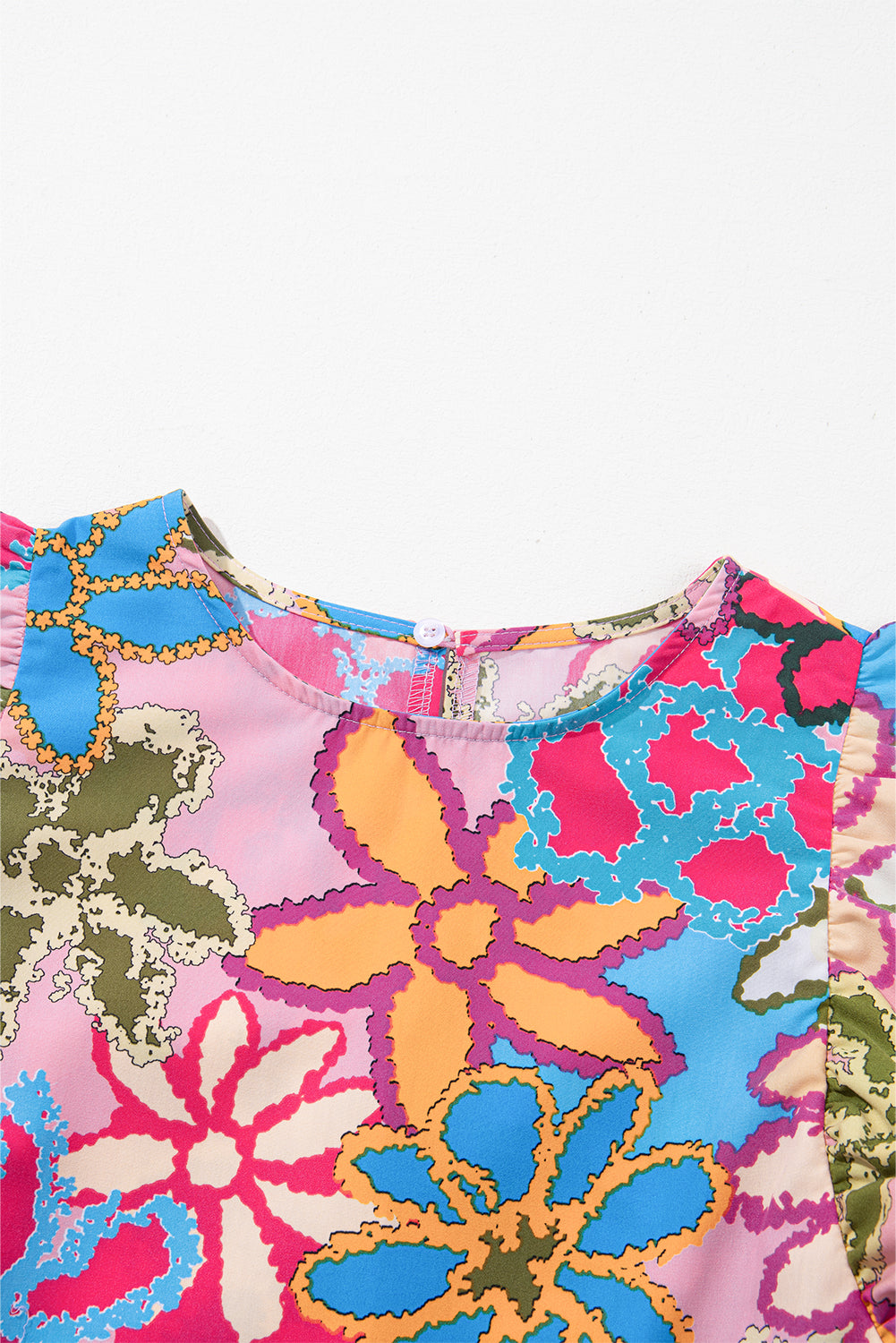 Blusa de manga de volante con estampado floral multicolor vibrante