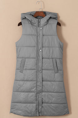 Manteau long matelassé à capuche gris foncé