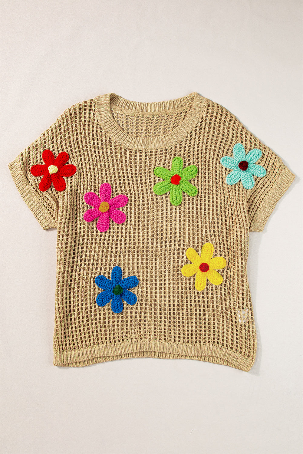 T-shirt pull ajouré à fleurs au crochet beige français clair