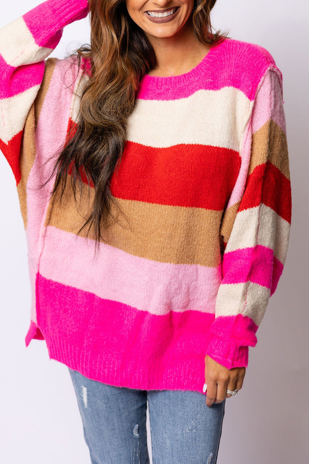 Fiery Red Mix Horizon Stripes Dolman Sleeve Sweater