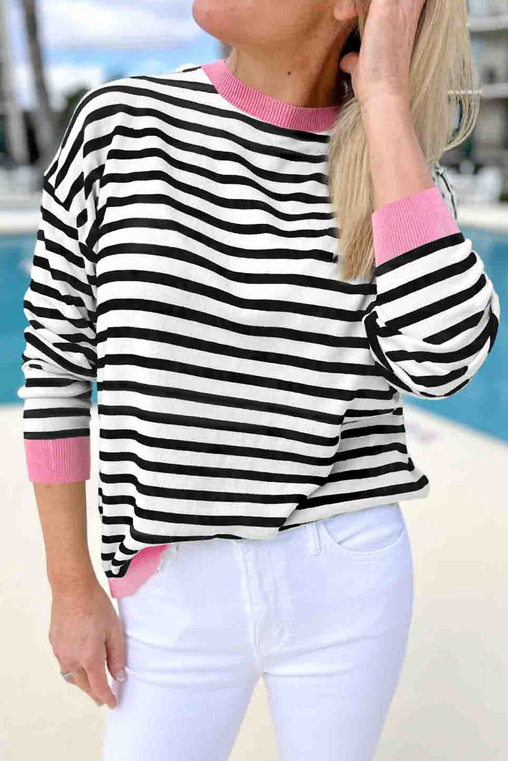 Black striped top with long sleeves and contrasting edges
