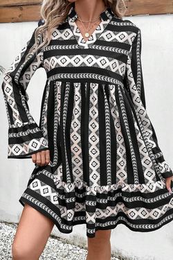 Black Boho Geometric Print Long Sleeve Flare Mini Dress