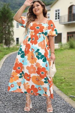 Vestido largo naranja con estampado floral grande con ceño en cuello cuadrado