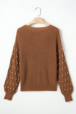 Chestnut sweater with round neck and pearl-embellished dropped shoulders