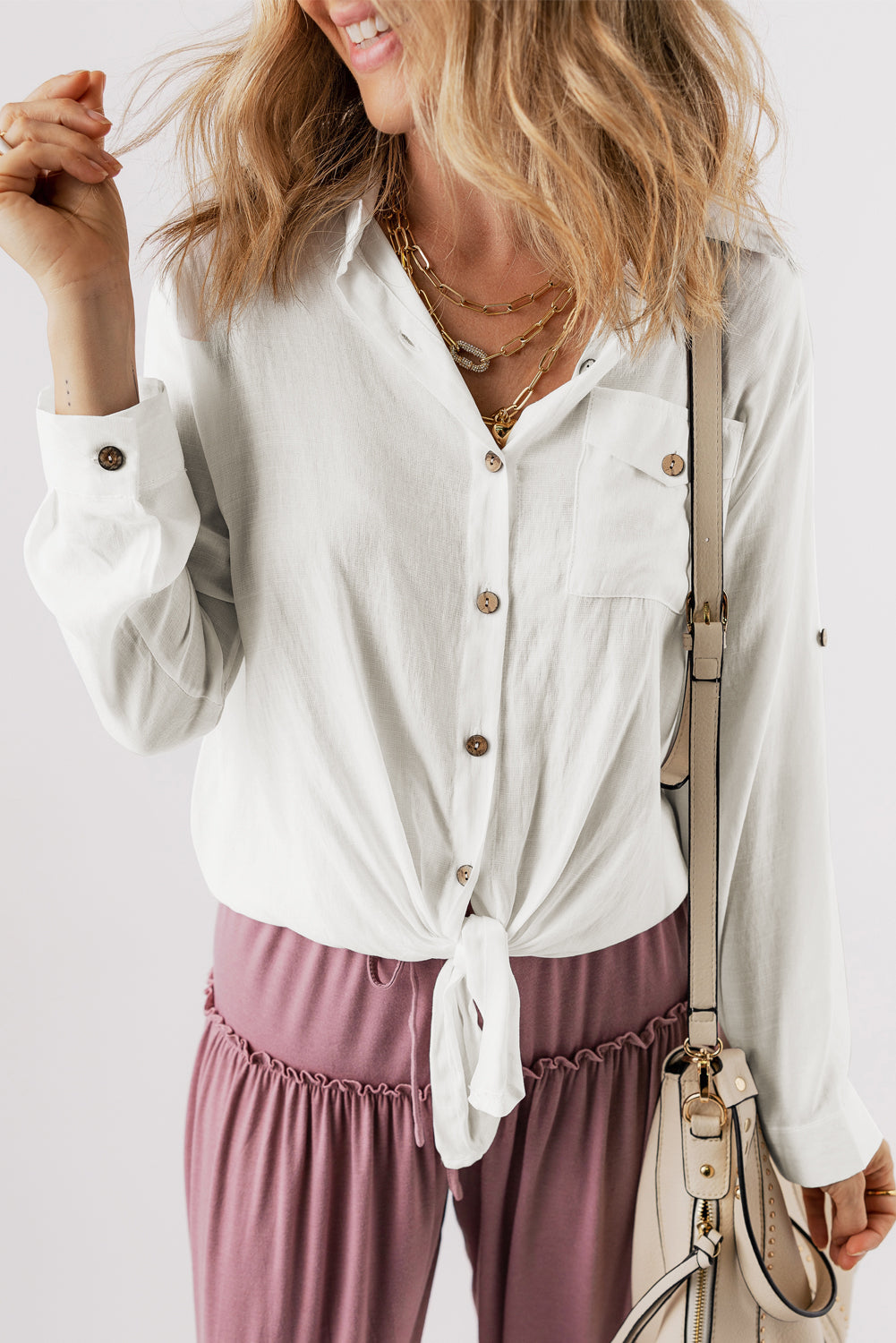 Camicia casual a manica roll -up bianca