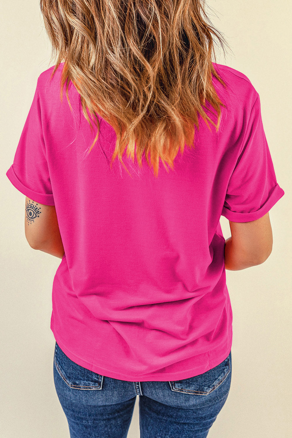 Rose Red Casual Plain Crew Neck T -Shirt