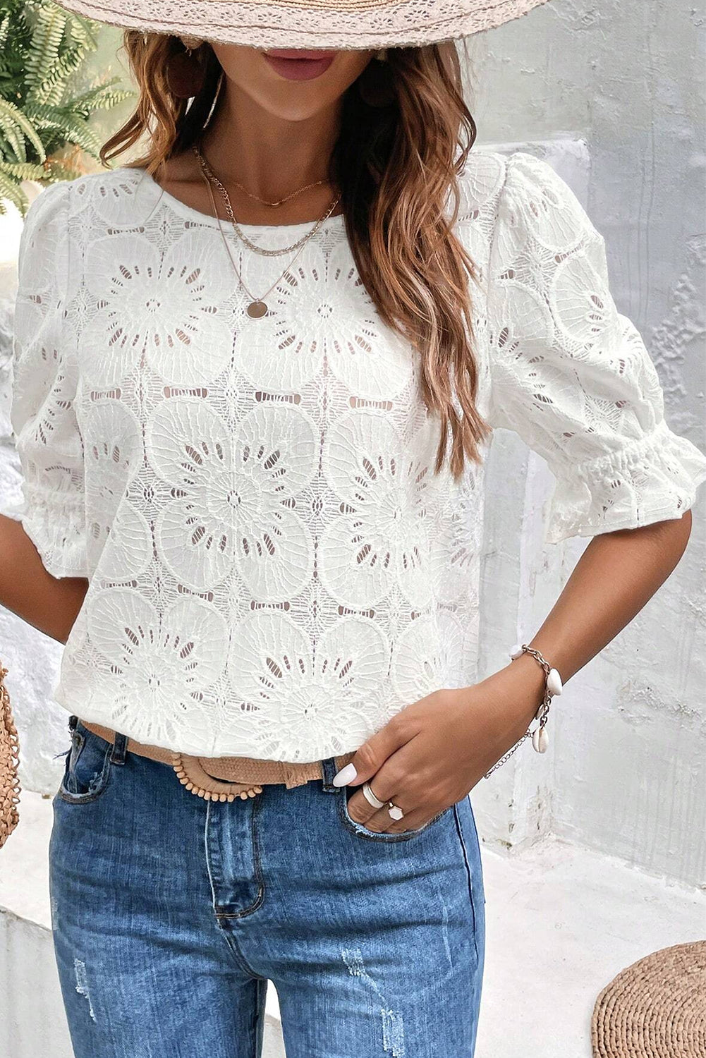 White with ruffle sleeves and jacquard lock hole with eyelets and flowers