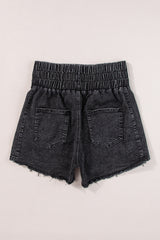 Black Smocked High Waisted Denim Shorts Mineral Wash