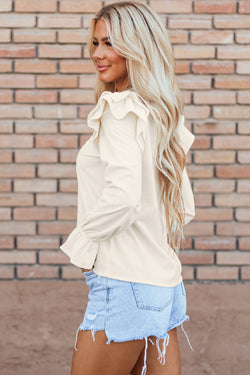 Beige ribbed velvet blouse with ruffles and ruffle sleeves