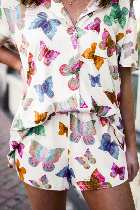 Short sleeve shirt set with multicolored butterfly pattern