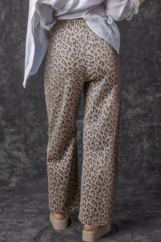 Jeans wide khaki leopard printed khaki with tightening cord and pocket at the waist