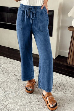 Large right denim pants with tightening cord and blue mineral washing