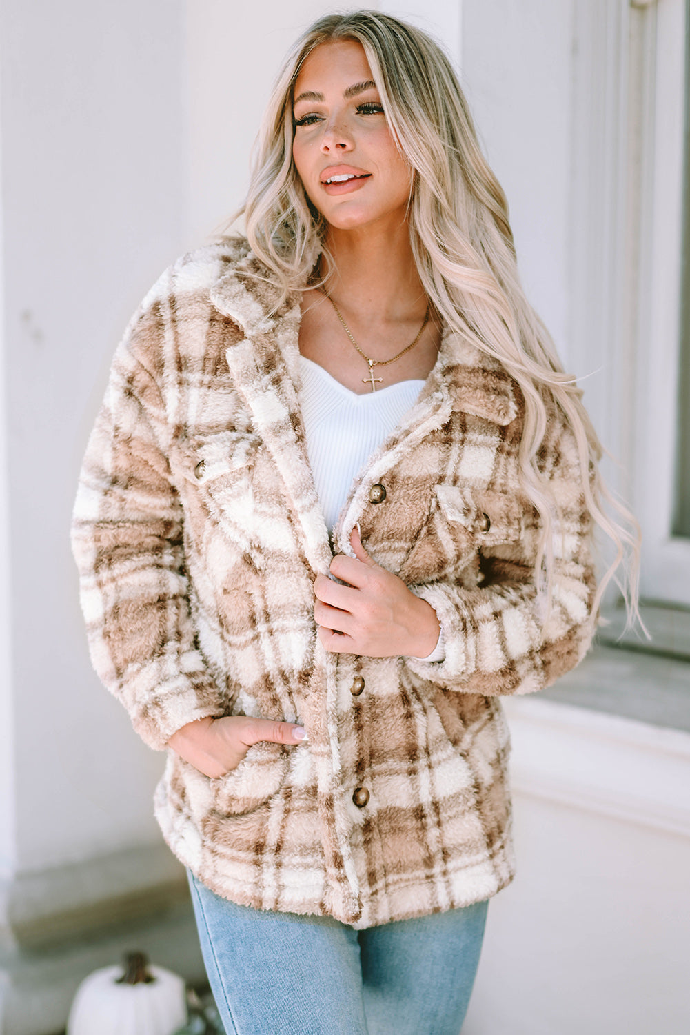 Khaki Sherpa Plaid Button Taschenjacke