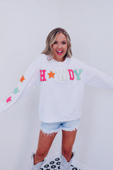 Sudadera blanca relajada Howdy Glitter Chenille Patch Gráfico