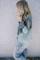 Twilight Blue Color Block Stitching Patchwork Button Up Long Sleeve Top