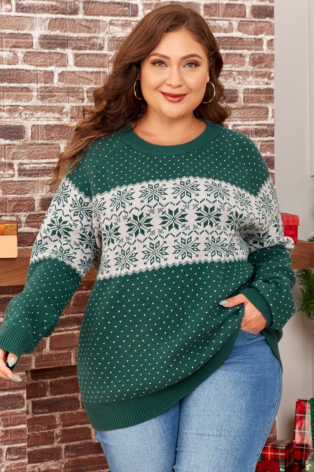 Green Snowflake Pattern Drop Shoulder Christmas Sweater Plus Size