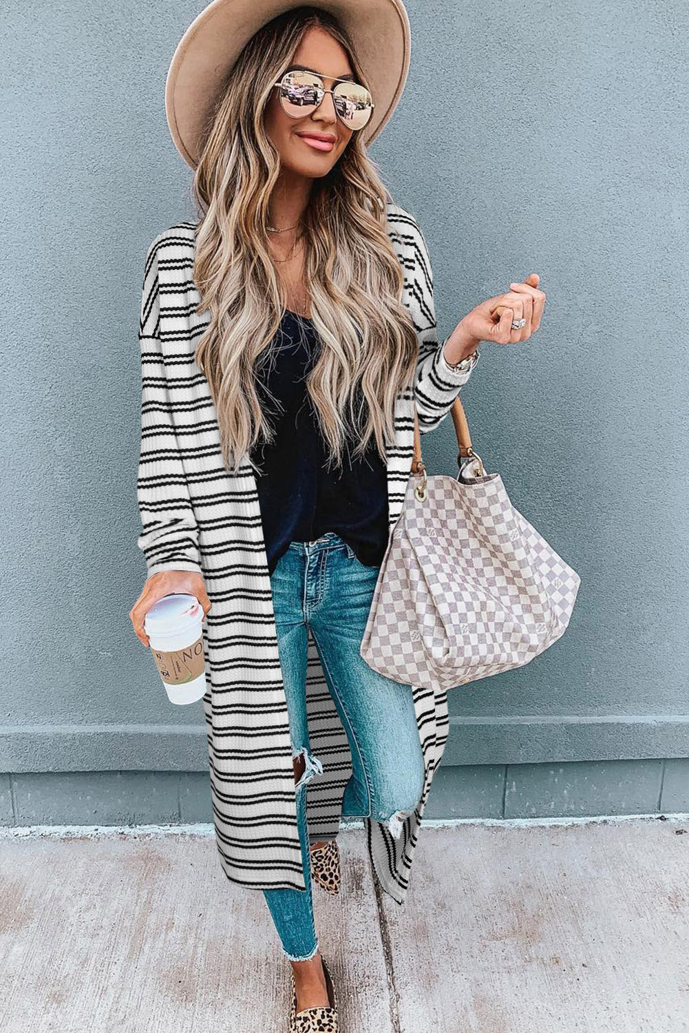 Black Striped Printed Open Front Duster Cardigan