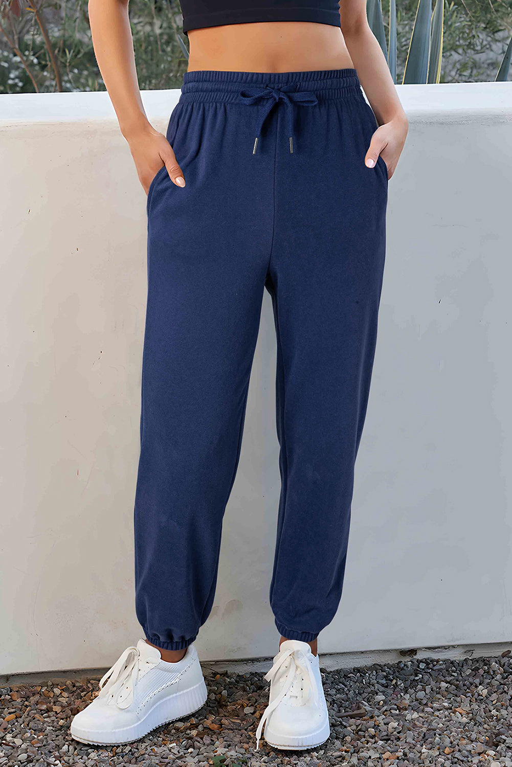 Navy Blue Solid Color Fleece Lined Drawstring Waist Joggers